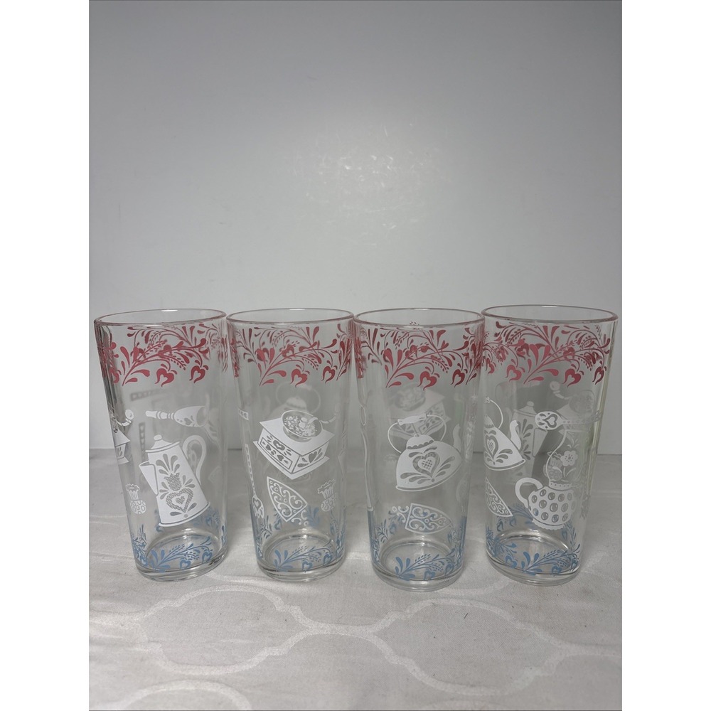Vintage Hazel Atlas Kitchen Aids 16oz Glass Tumbler - Set of 4 Pink White Blue